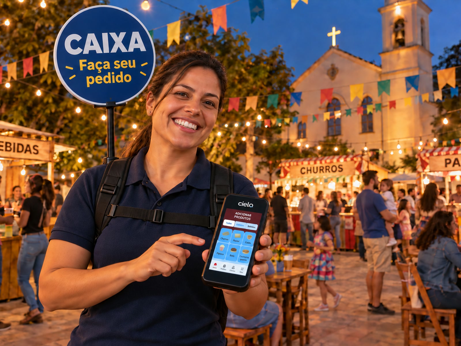 Caixa móvel com aplicativo de vendas em uma quermesse